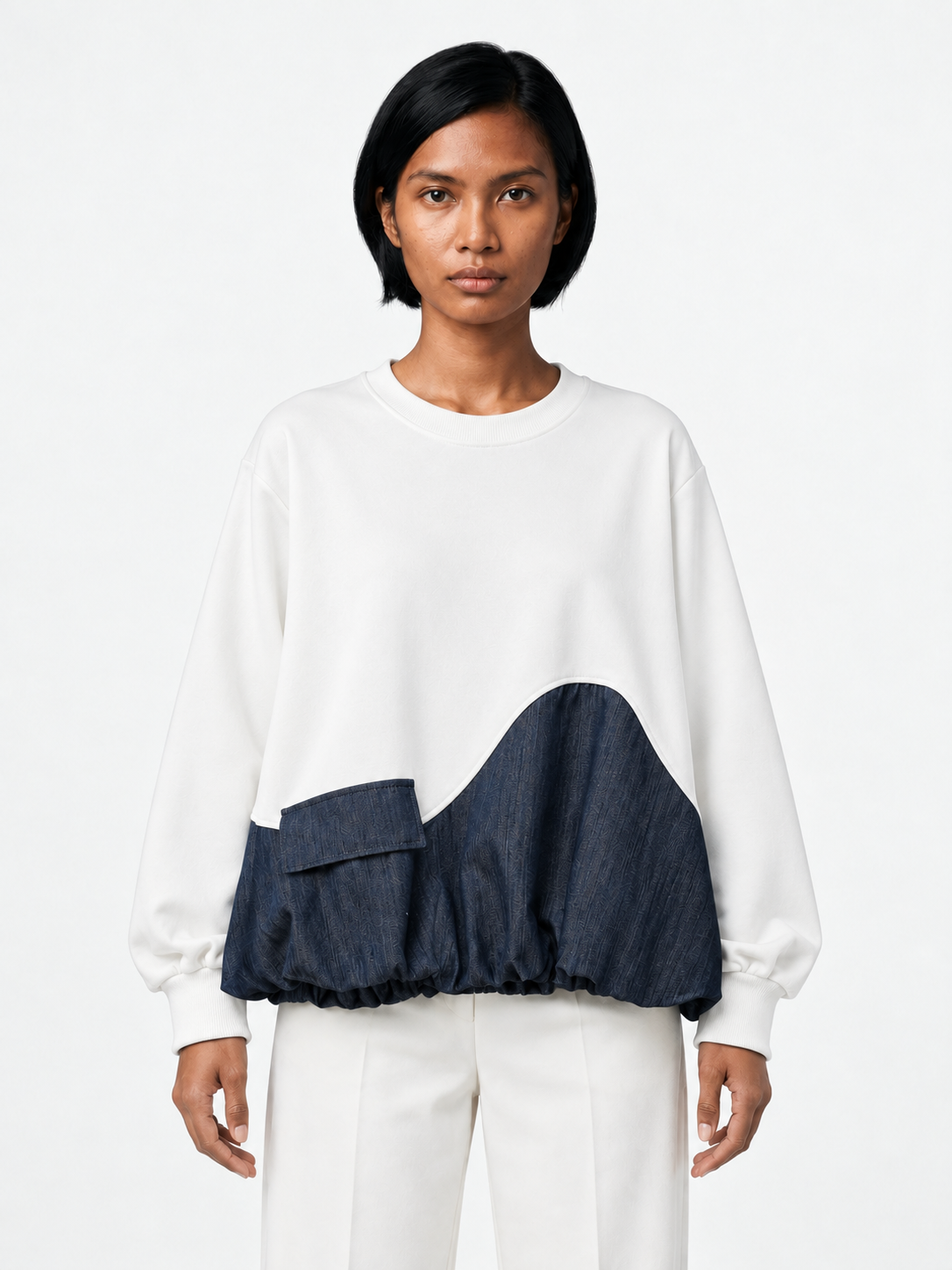 Pocket Denim-Hem Sweatshirt