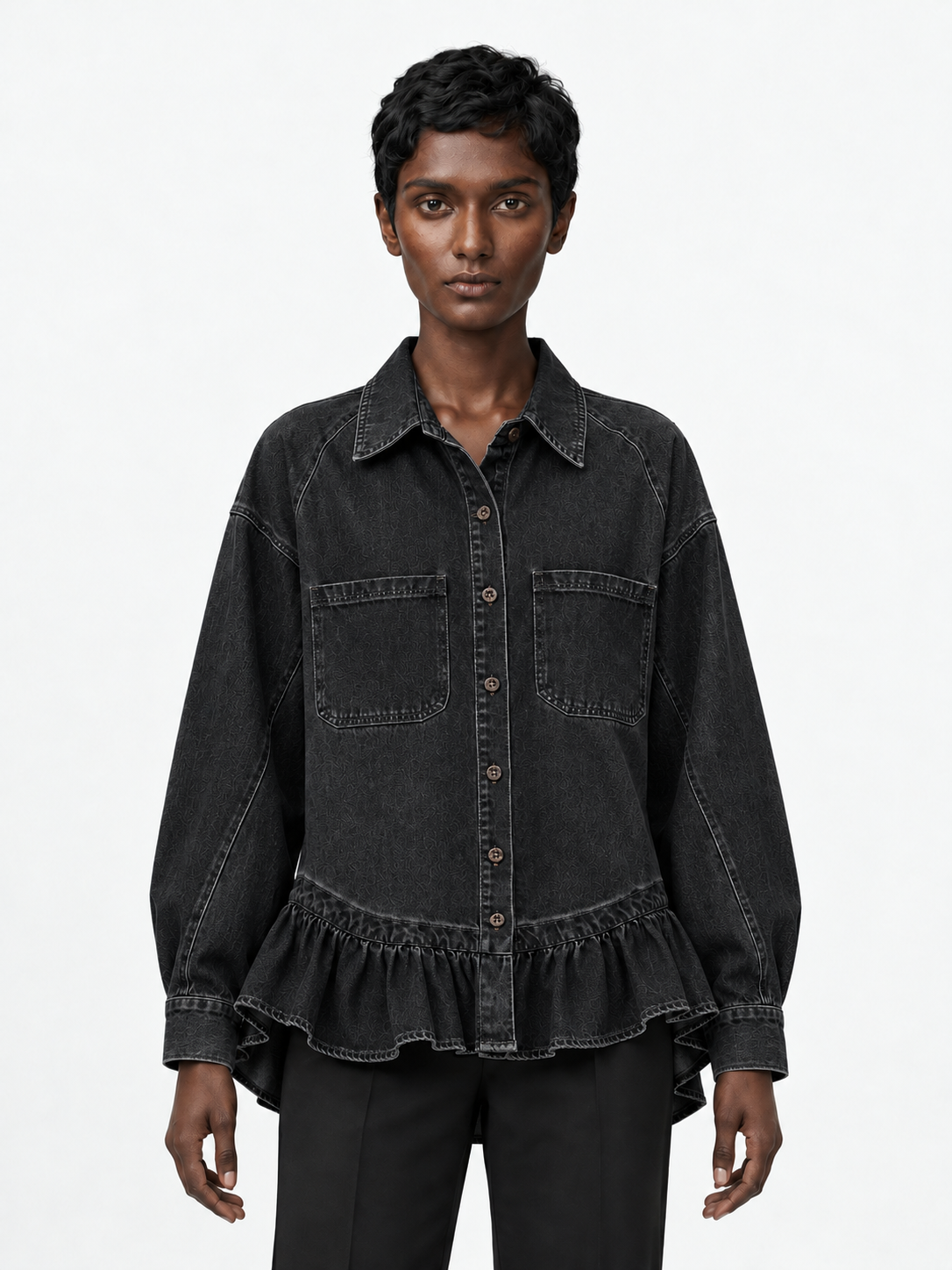 Ruffle-Hem Denim Shirt Jacket