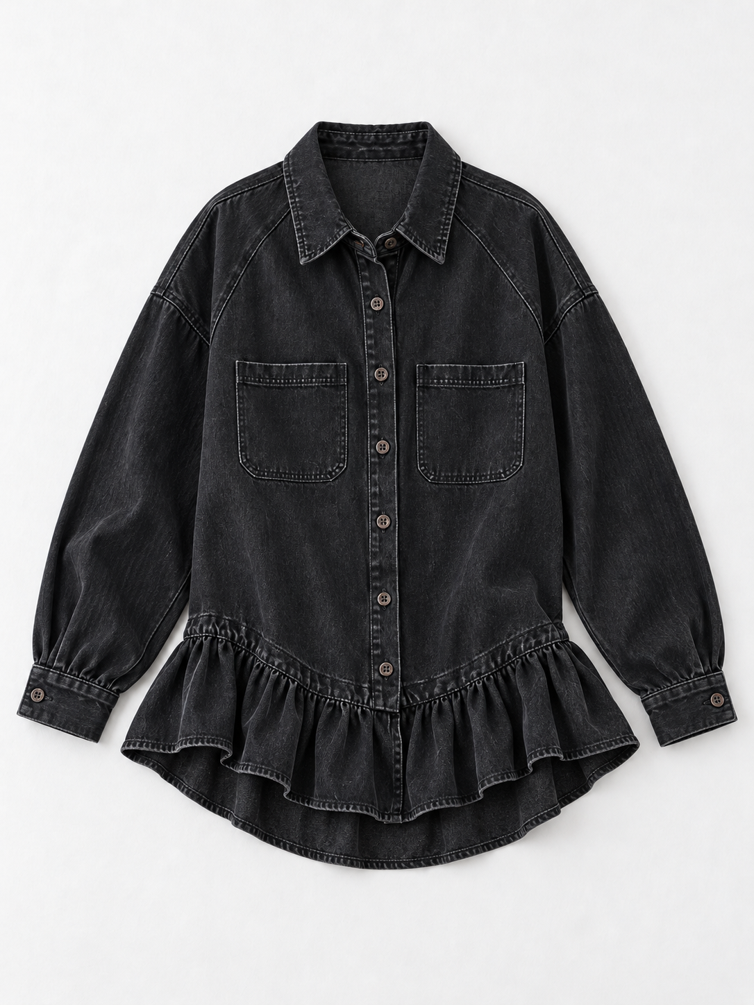 Ruffle-Hem Denim Shirt Jacket