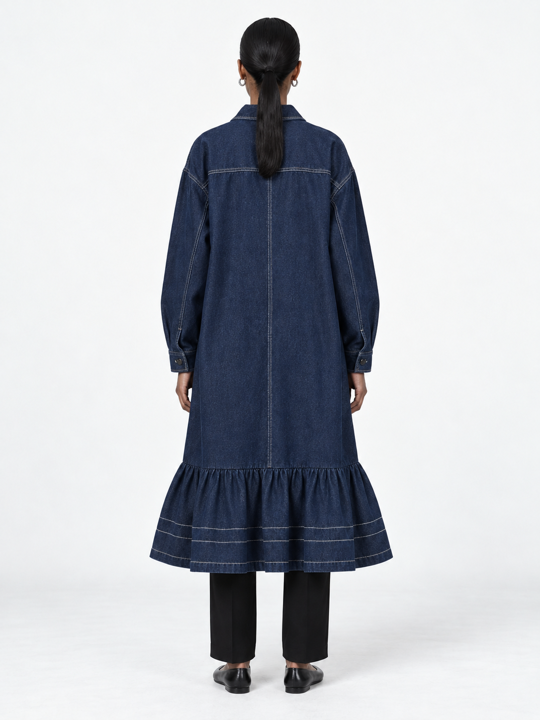 Ruffle-Hem Denim Long Coat
