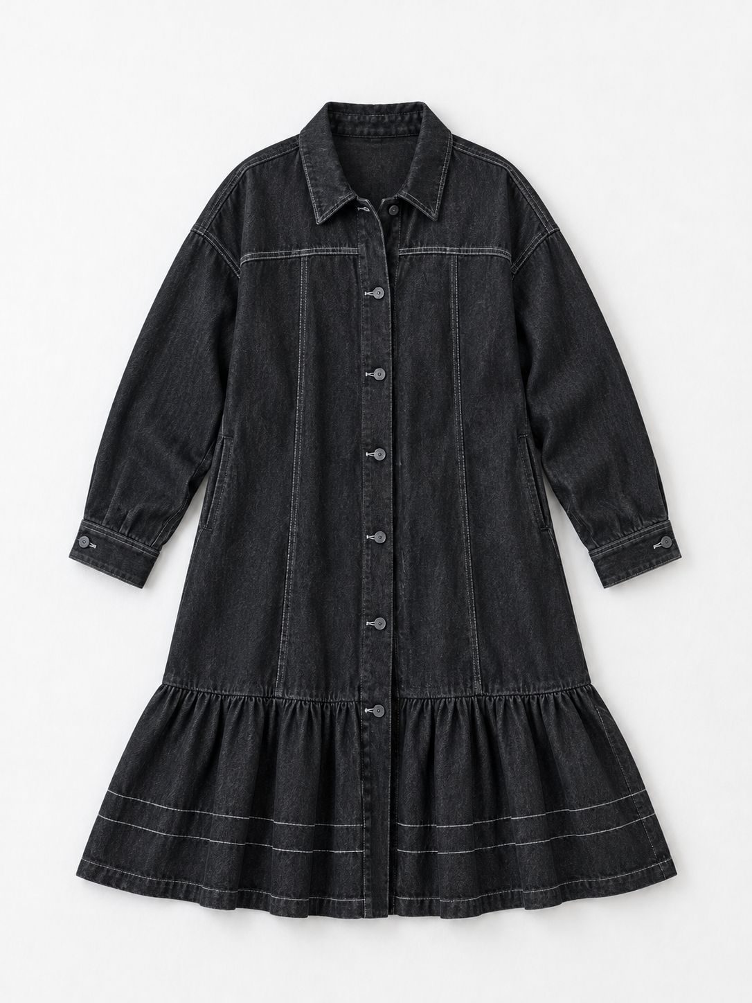 Ruffle-Hem Denim Long Coat