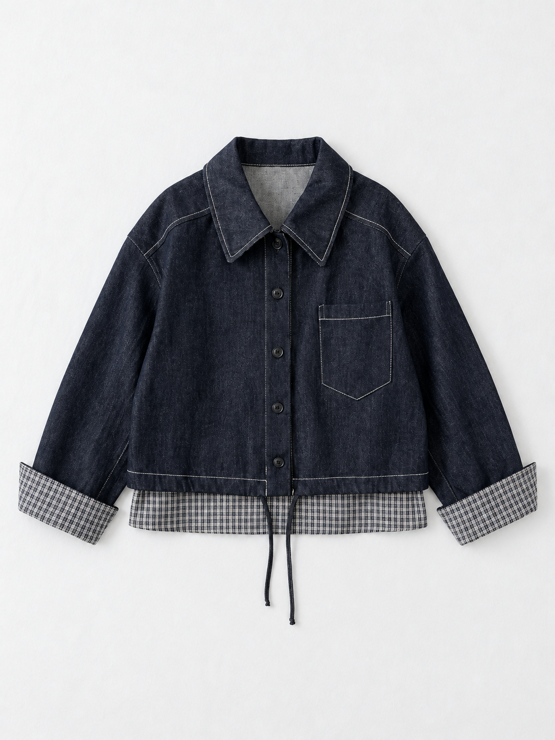 Gingham-Trim Denim Jacket
