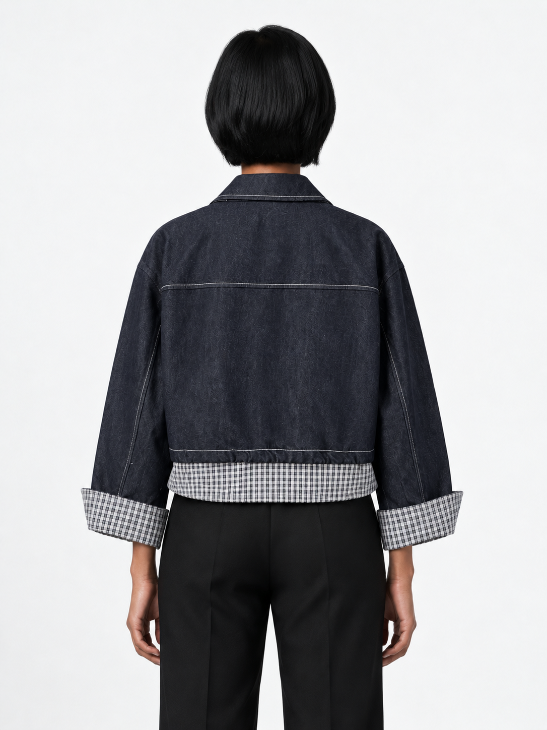 Gingham-Trim Denim Jacket