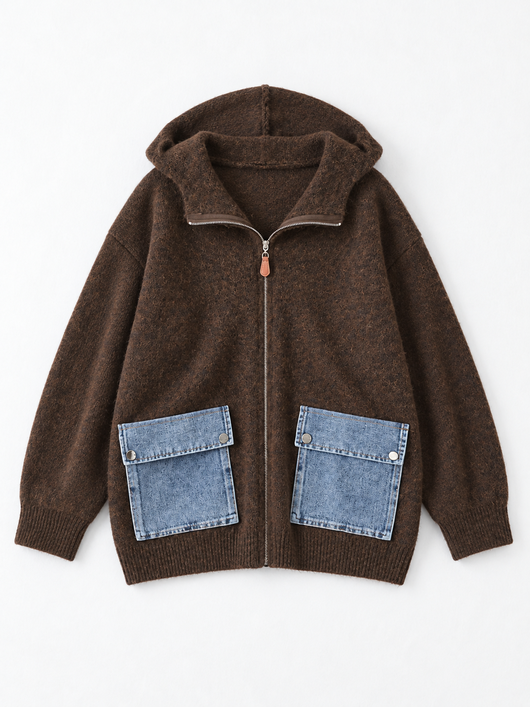 Hooded Denim-Pocket Knit Jacket