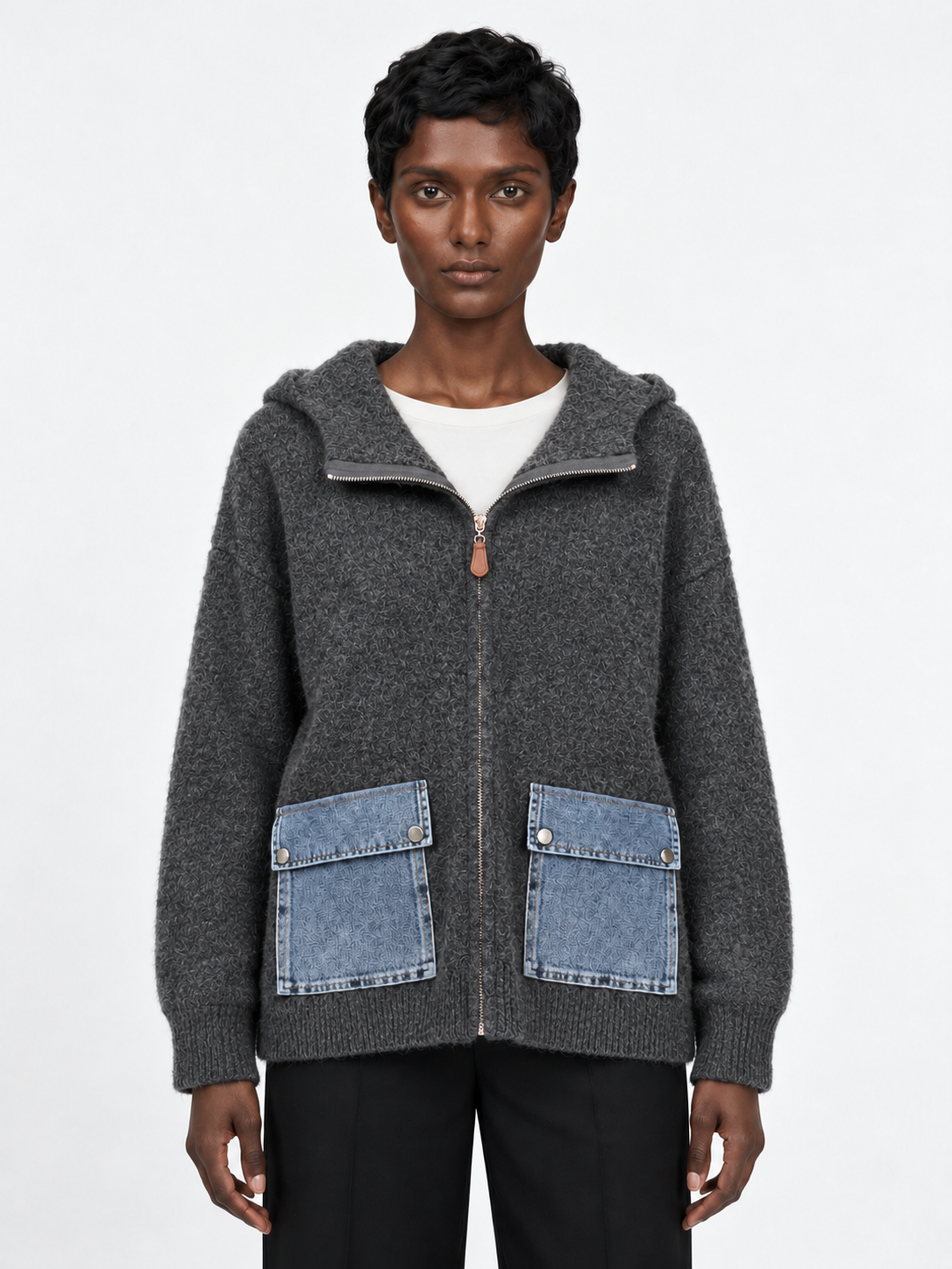 Hooded Denim-Pocket Knit Jacket