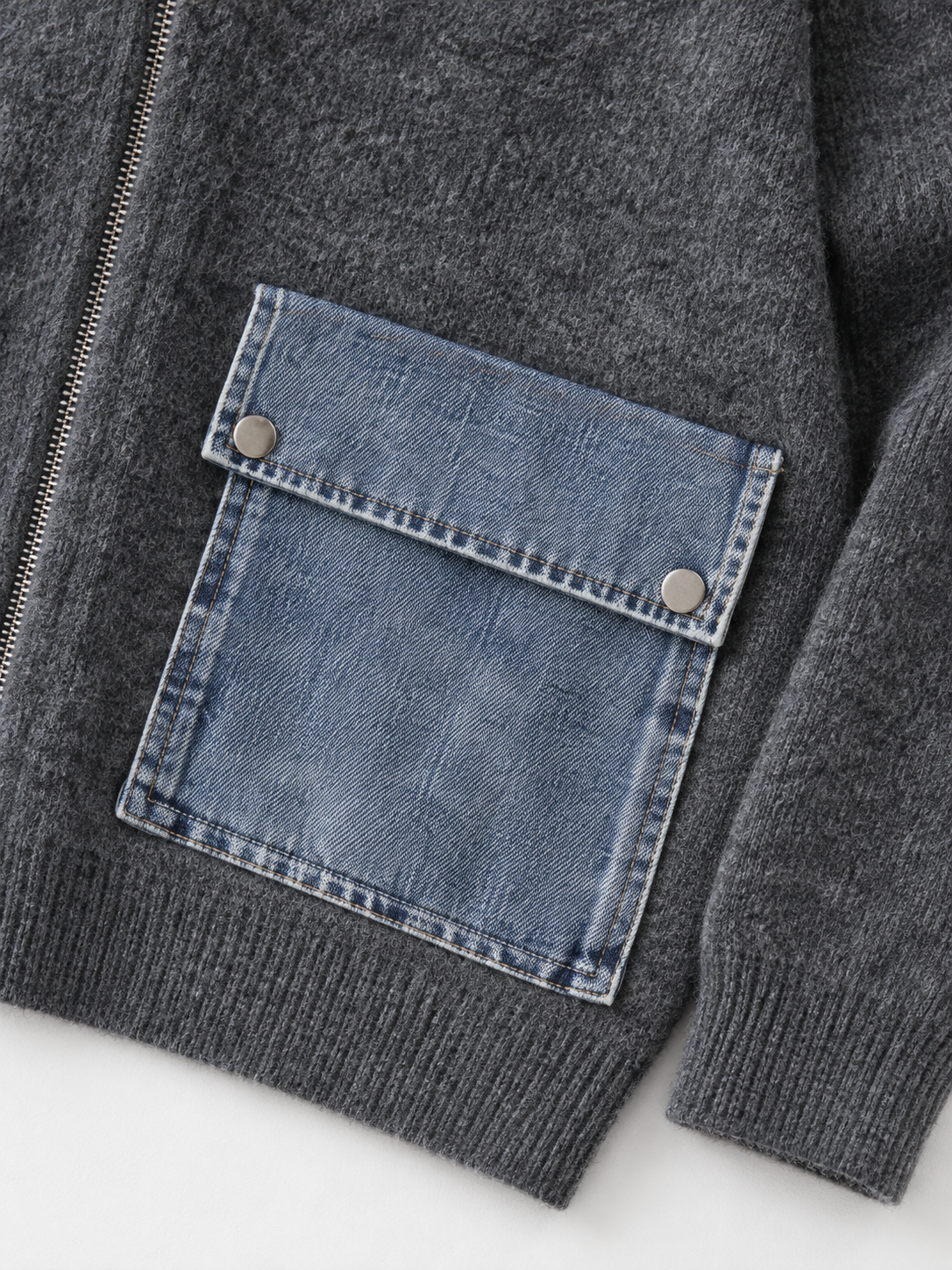 Hooded Denim-Pocket Knit Jacket