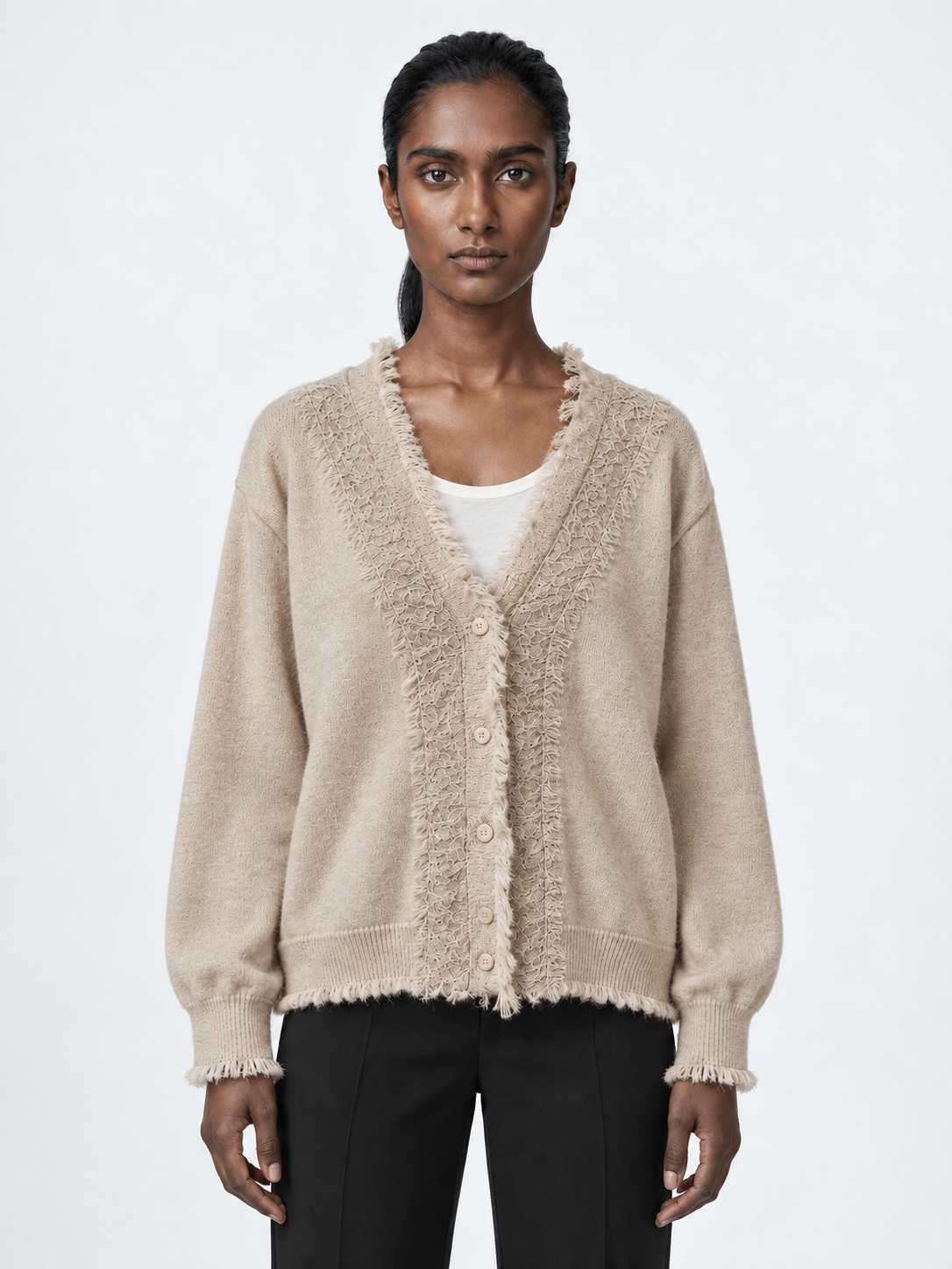 Fringe-Edge V-Neck Cardigan