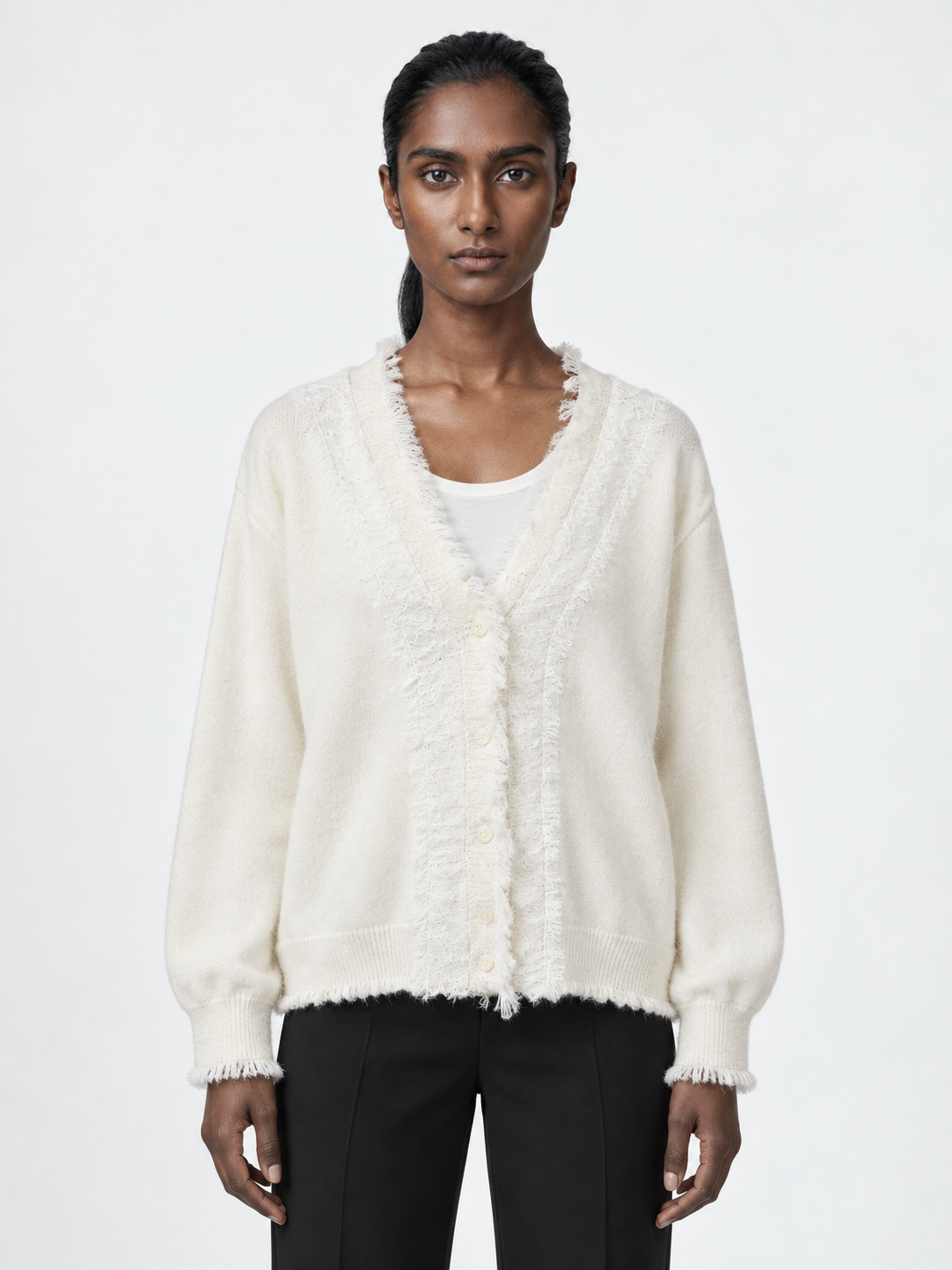 Fringe-Edge V-Neck Cardigan