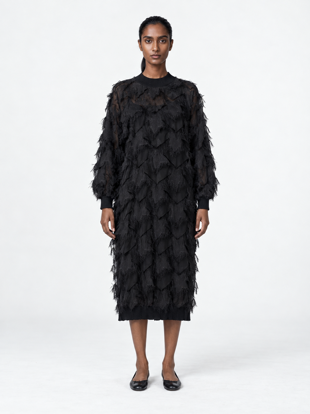 Fringed Mesh Midi Dress
