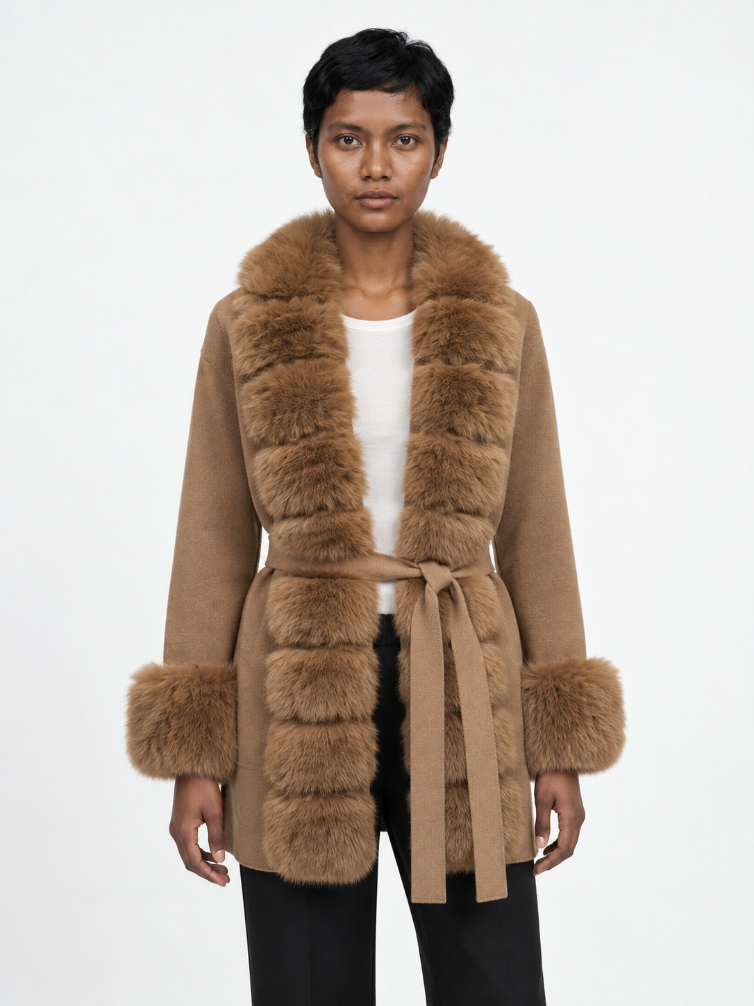 Plush-Trim Belted Cardigan