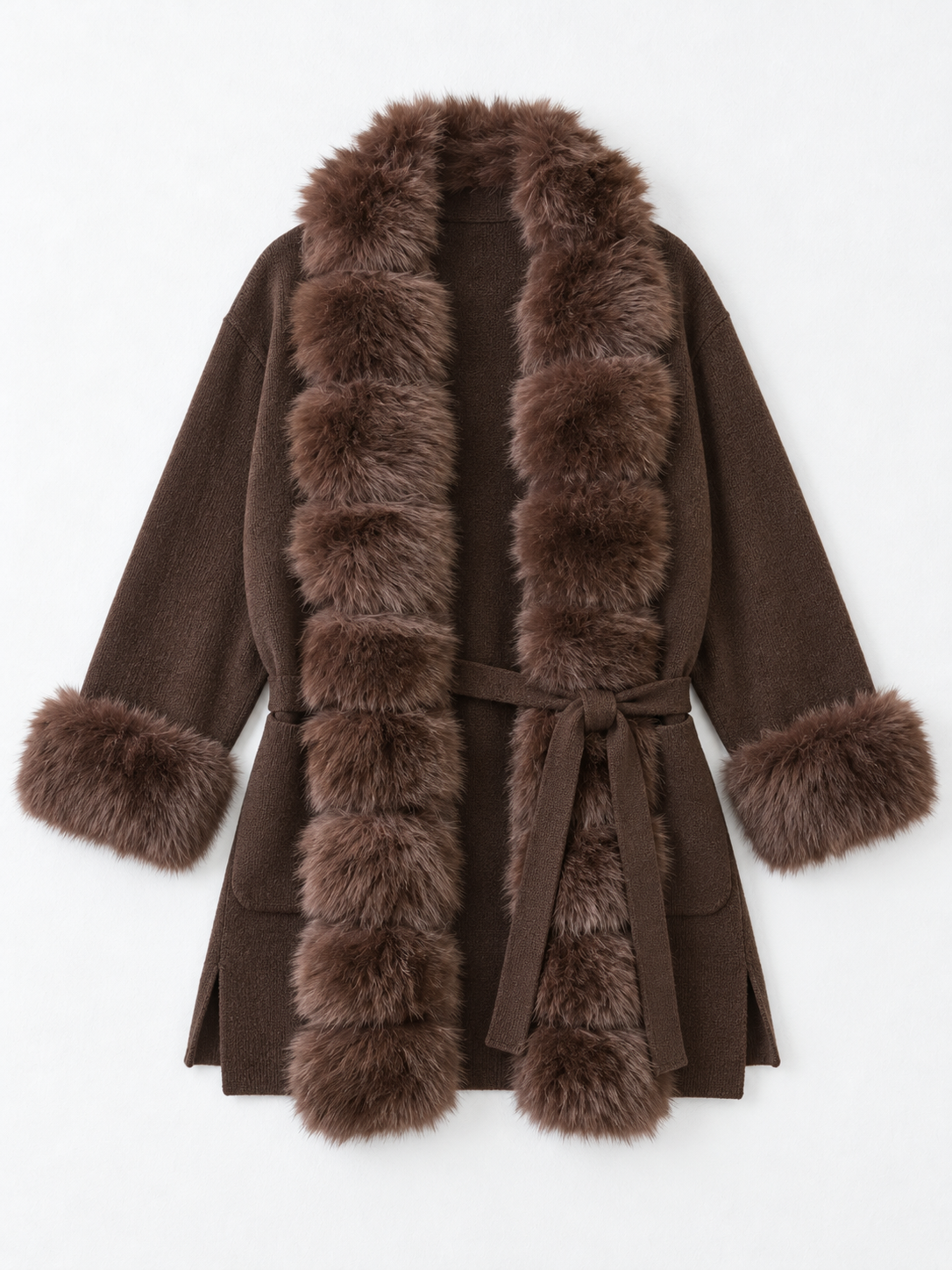 Plush-Trim Belted Cardigan