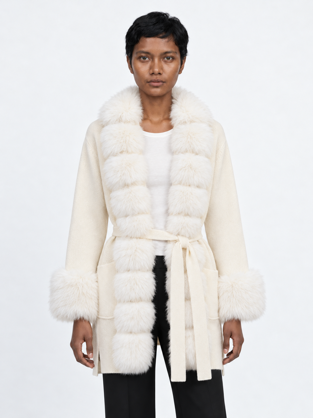 Plush-Trim Belted Cardigan