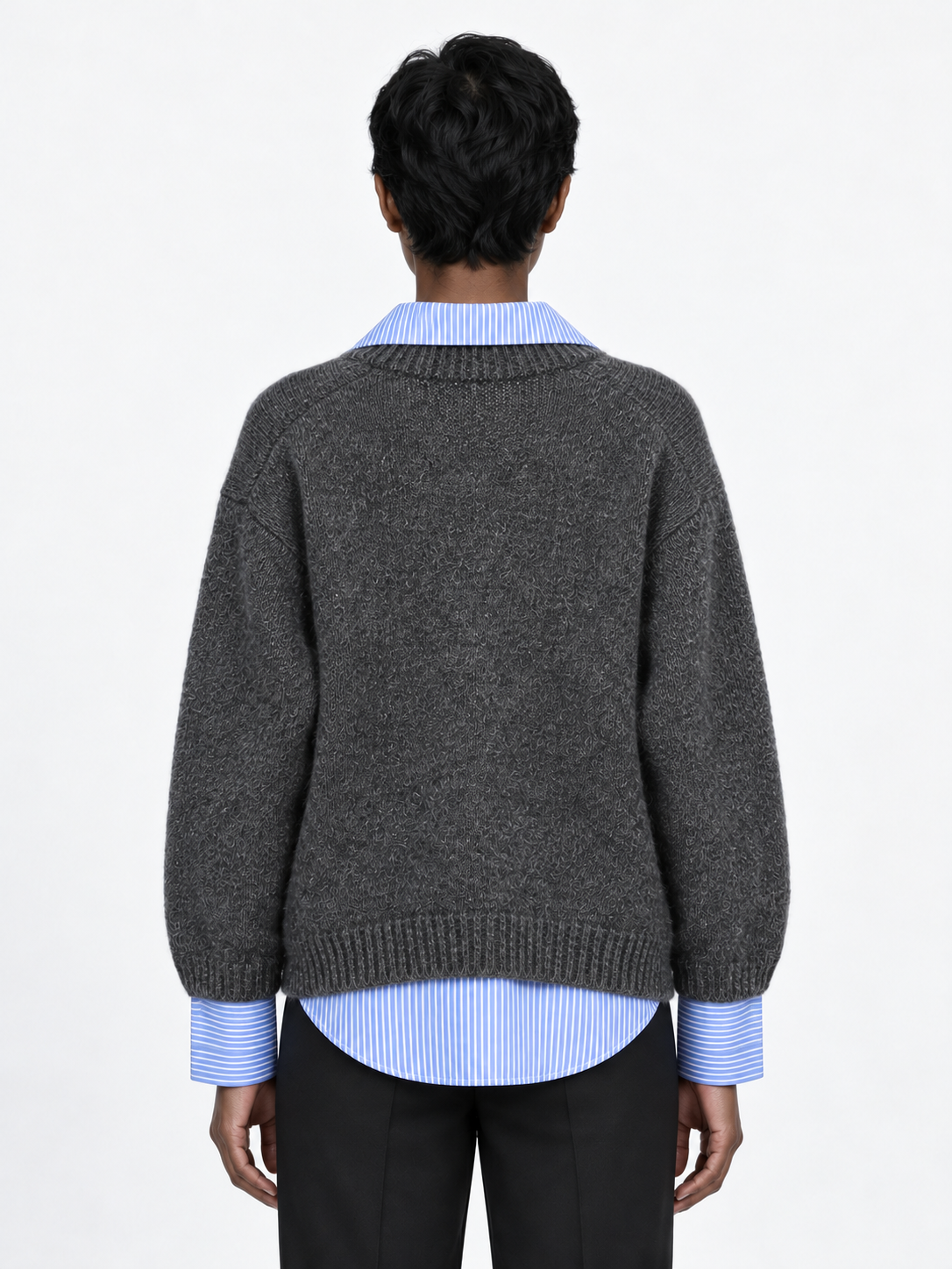 Stripe-Trim Collared Knit Sweater