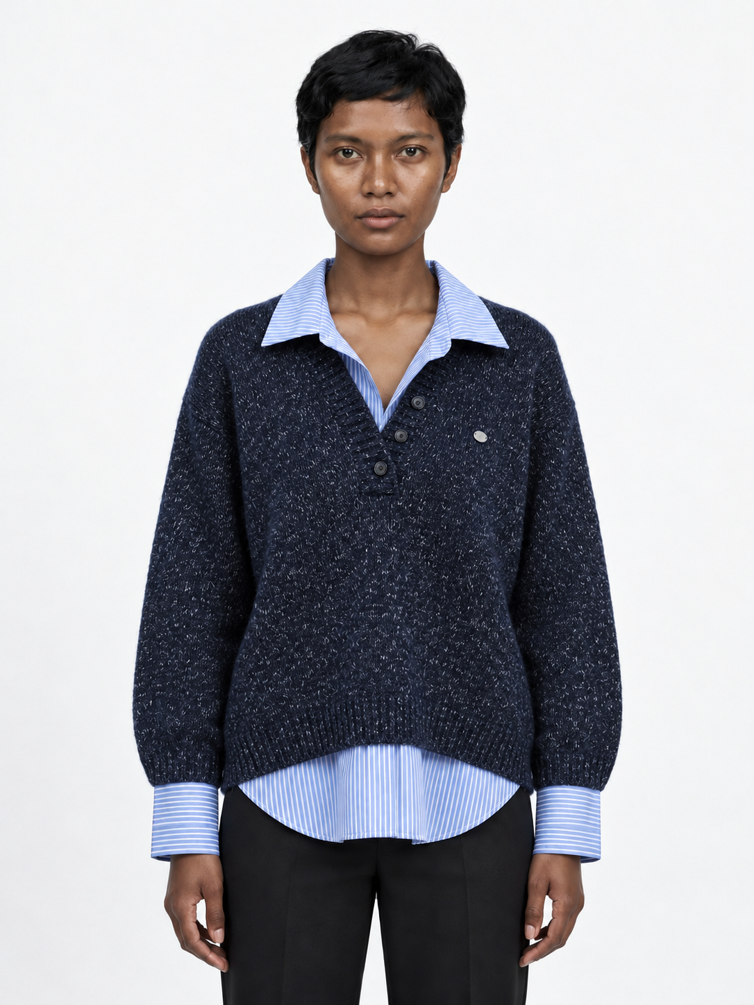 Stripe-Trim Collared Knit Sweater