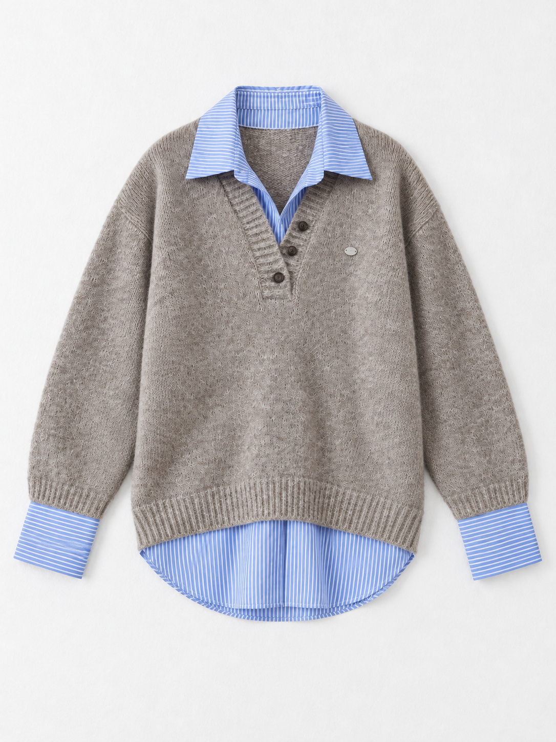 Stripe-Trim Collared Knit Sweater