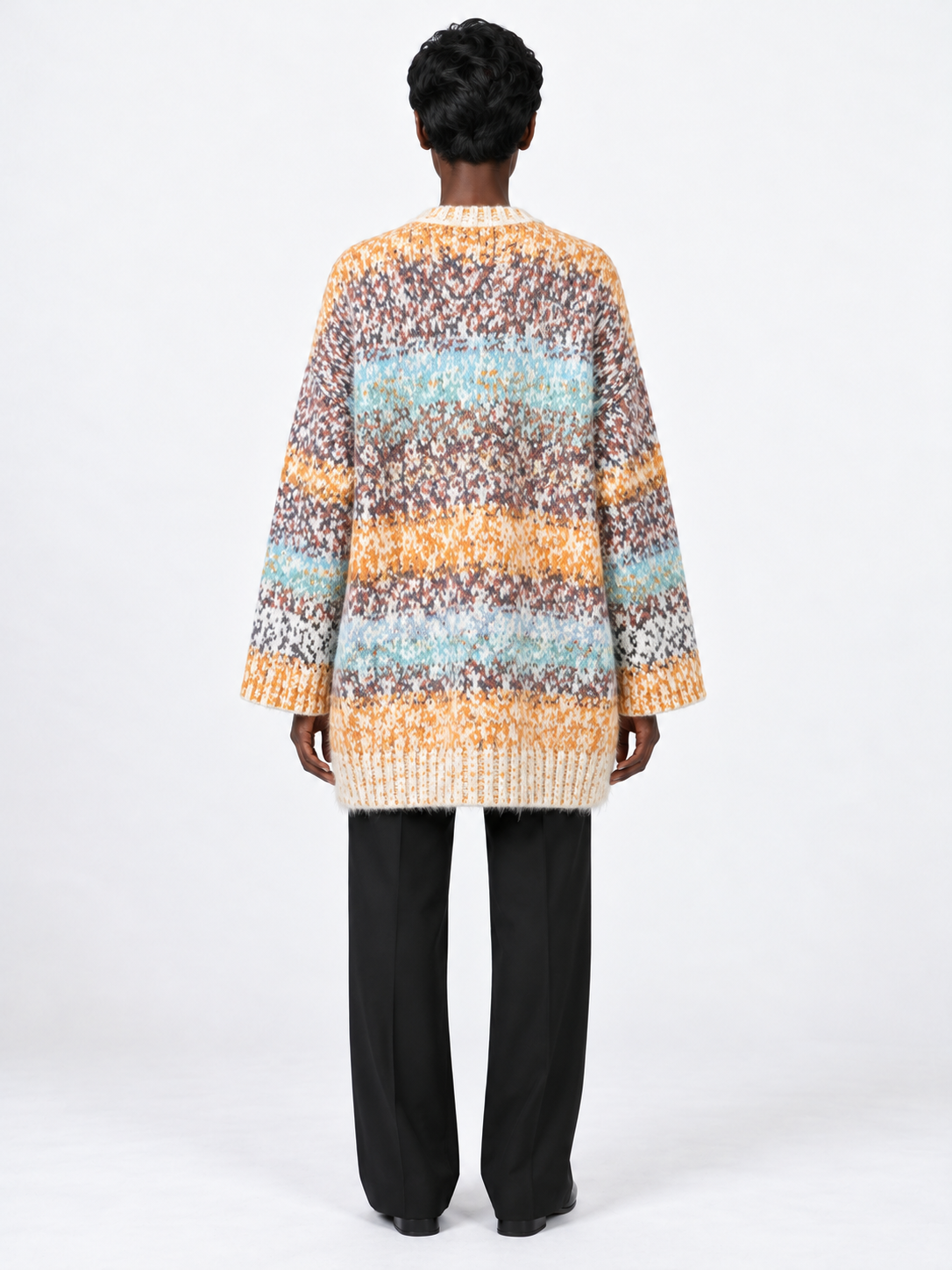 Mixed-Knit Plush-Panel Cardigan
