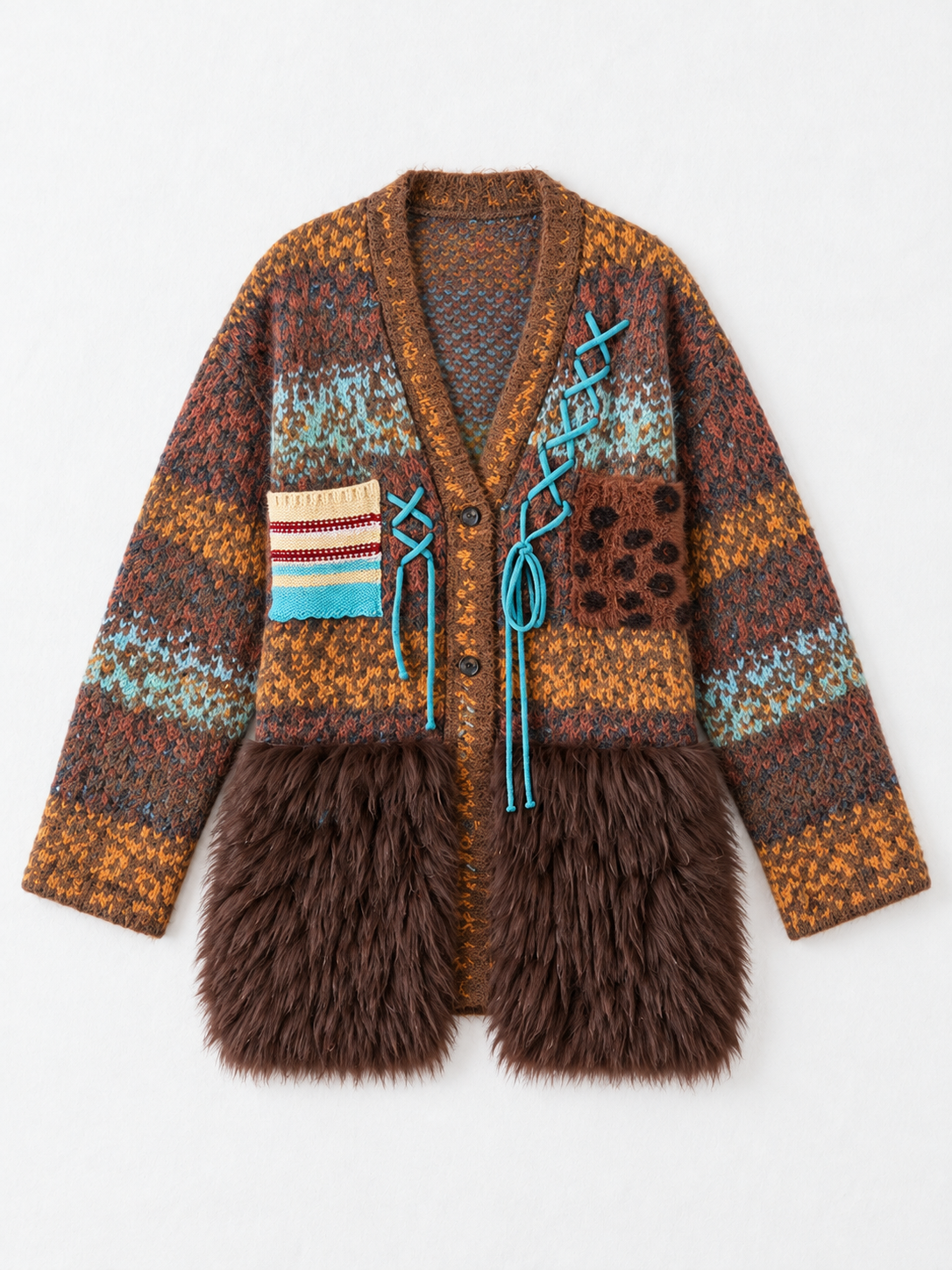 Mixed-Knit Plush-Panel Cardigan