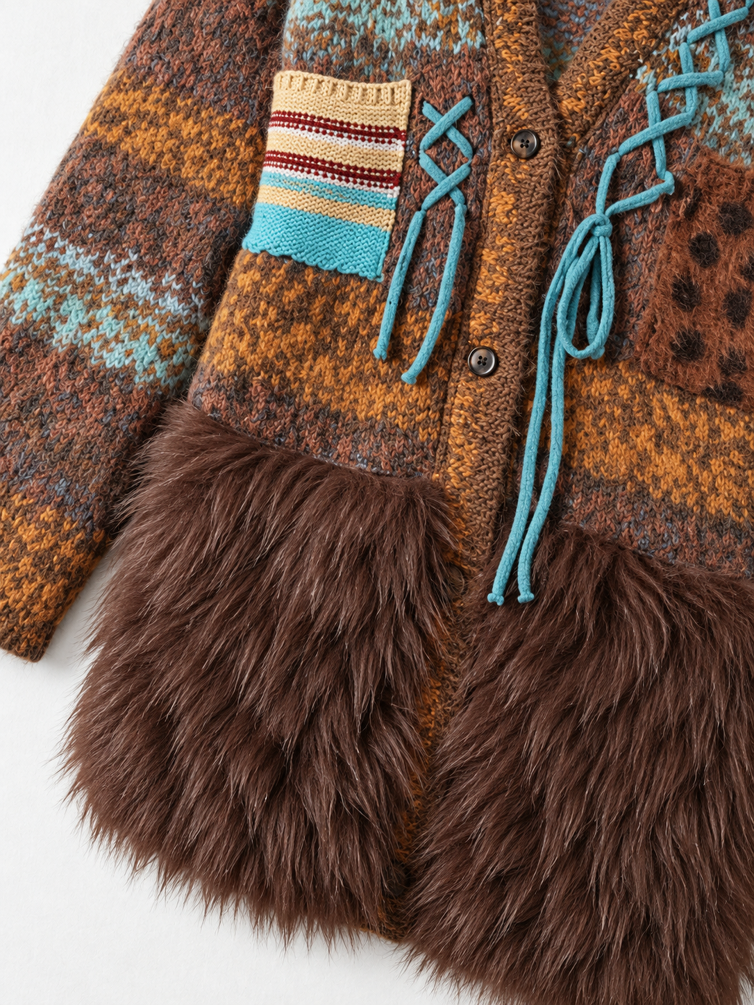 Mixed-Knit Plush-Panel Cardigan
