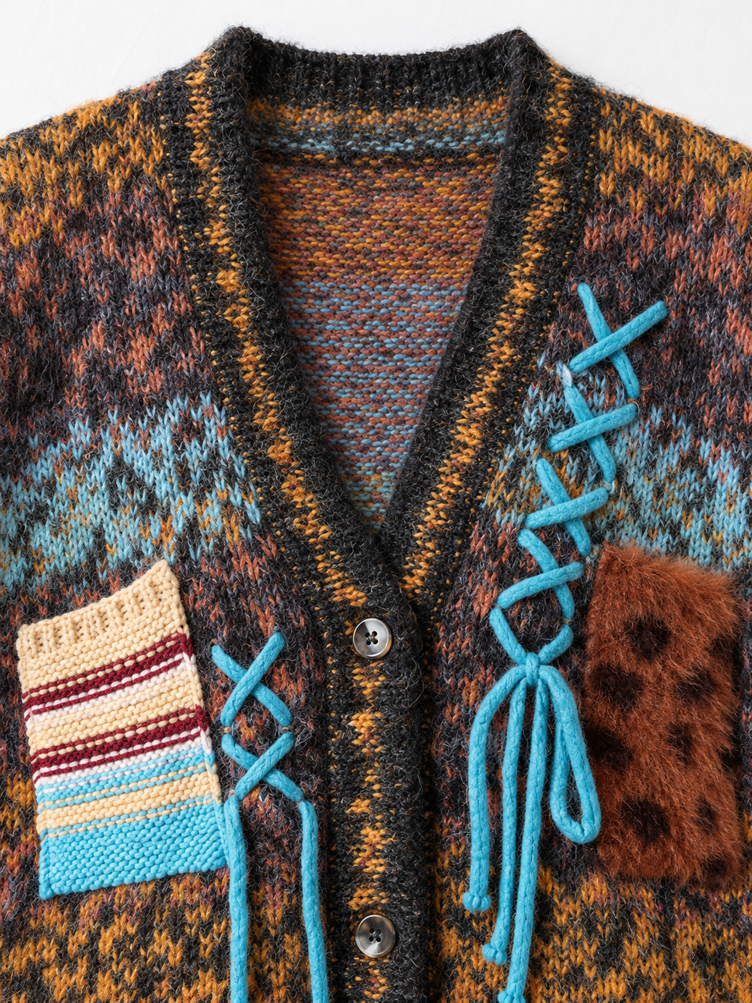Mixed-Knit Plush-Panel Cardigan