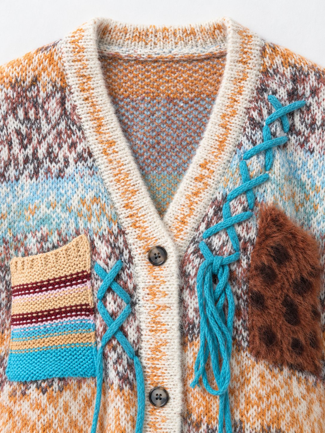 Mixed-Knit Plush-Panel Cardigan
