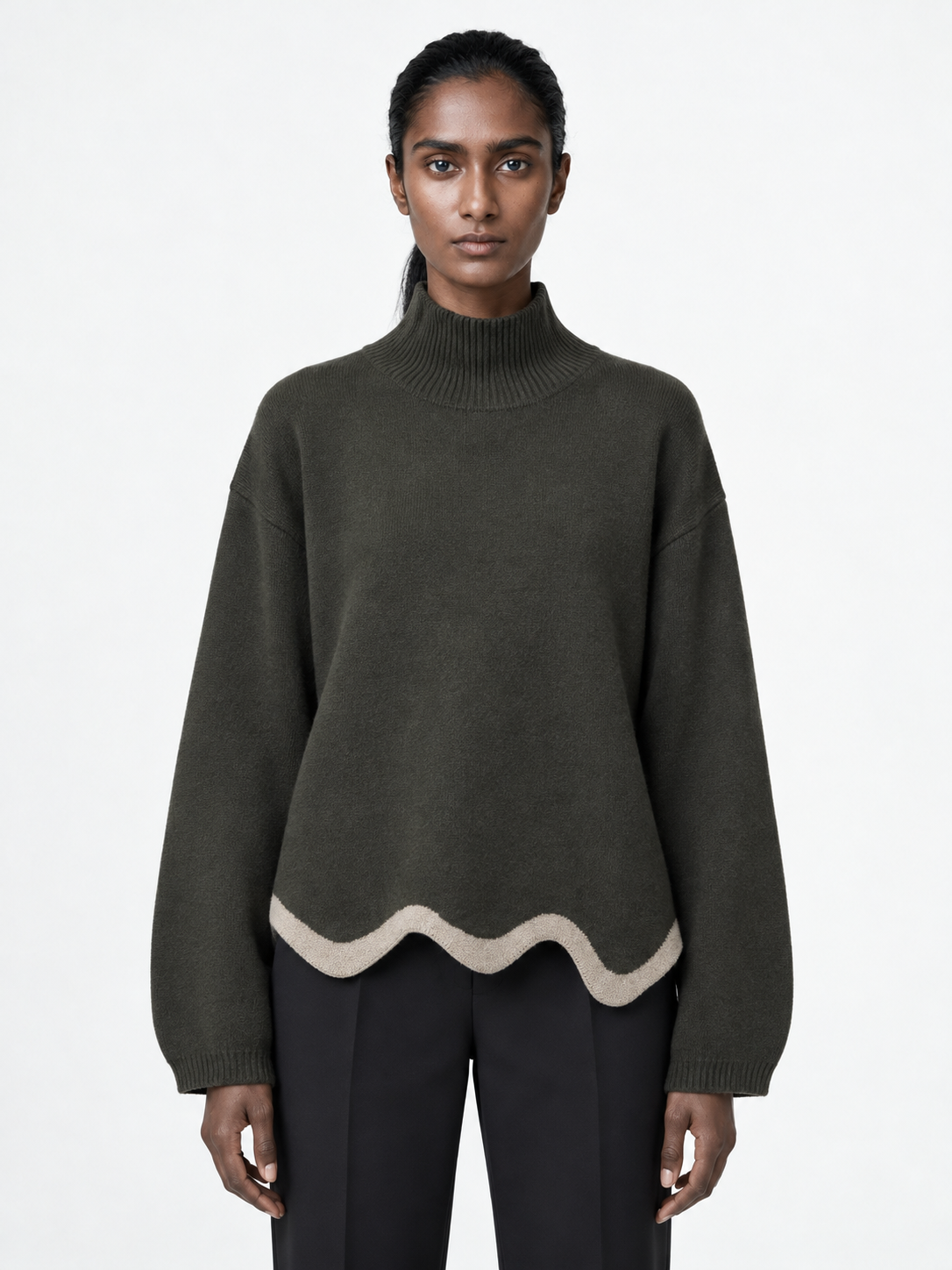 Contrast Wave-Hem Sweater