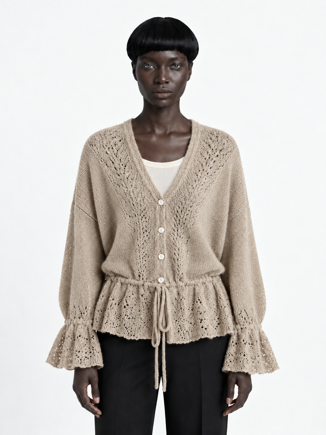 Drawstring Peplum Knit Cardigan
