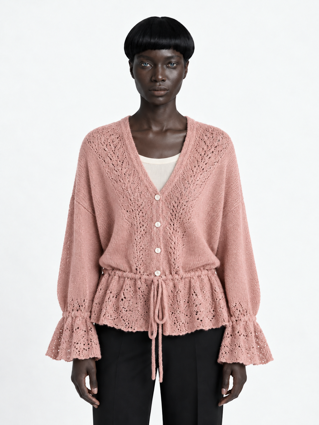 Drawstring Peplum Knit Cardigan