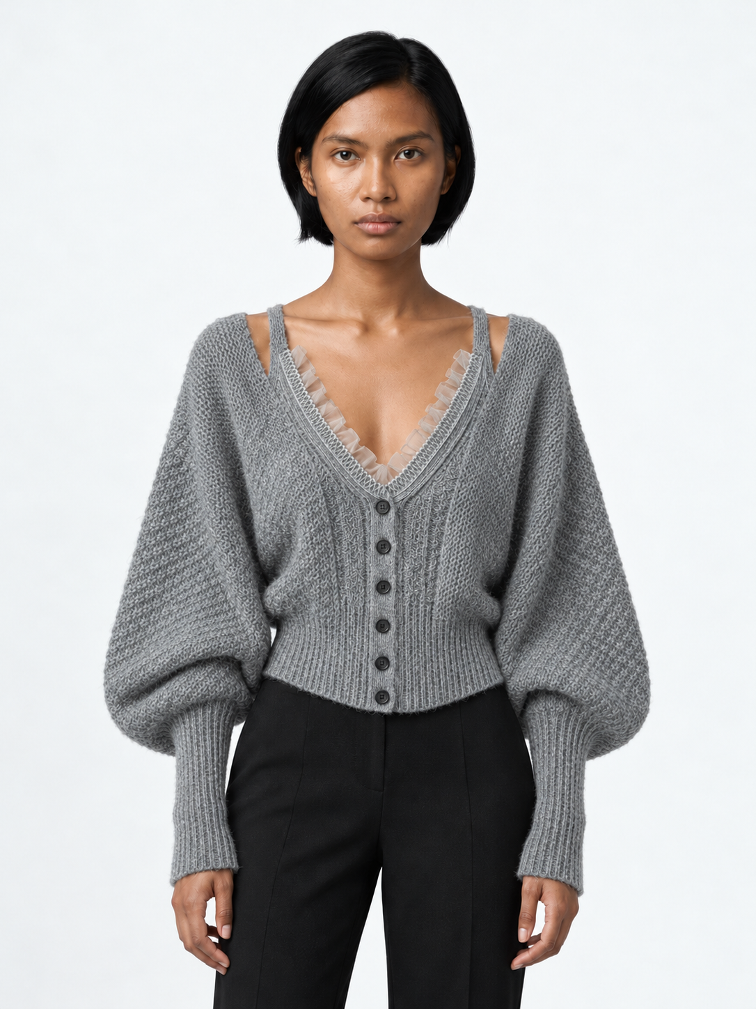 Lace-Edge Batwing Knit Cardigan