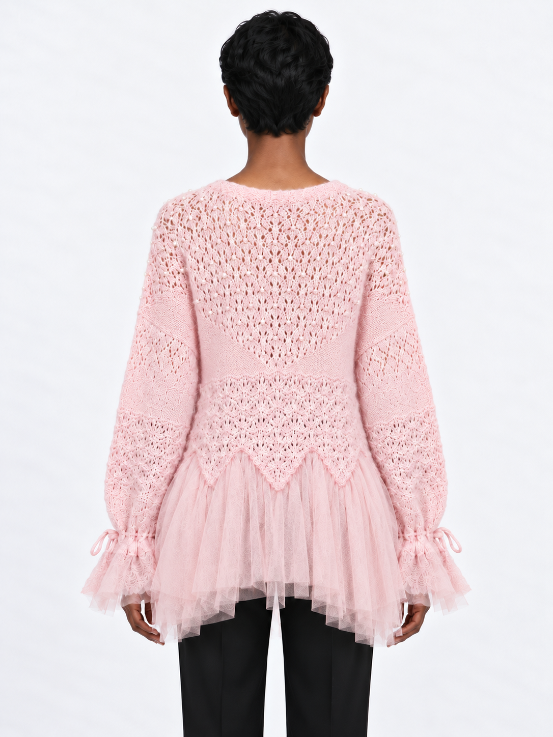 Beaded Mesh-Hem Knit Cardigan