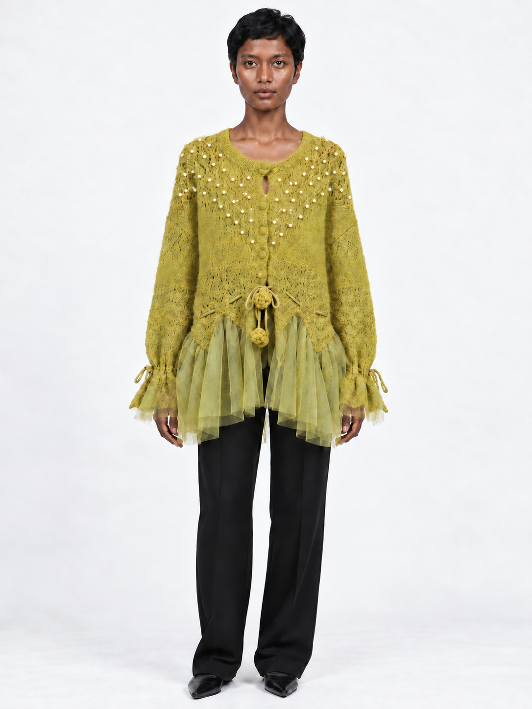 Beaded Mesh-Hem Knit Cardigan