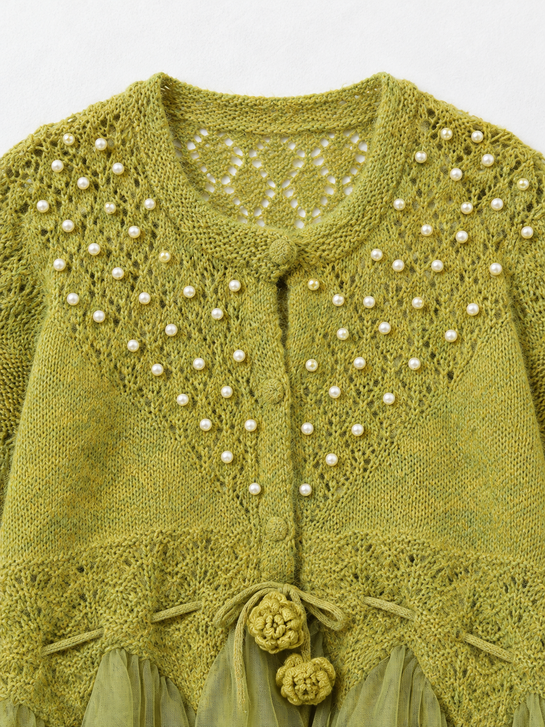 Beaded Mesh-Hem Knit Cardigan