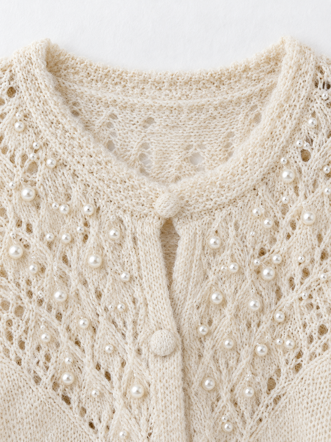 Beaded Mesh-Hem Knit Cardigan