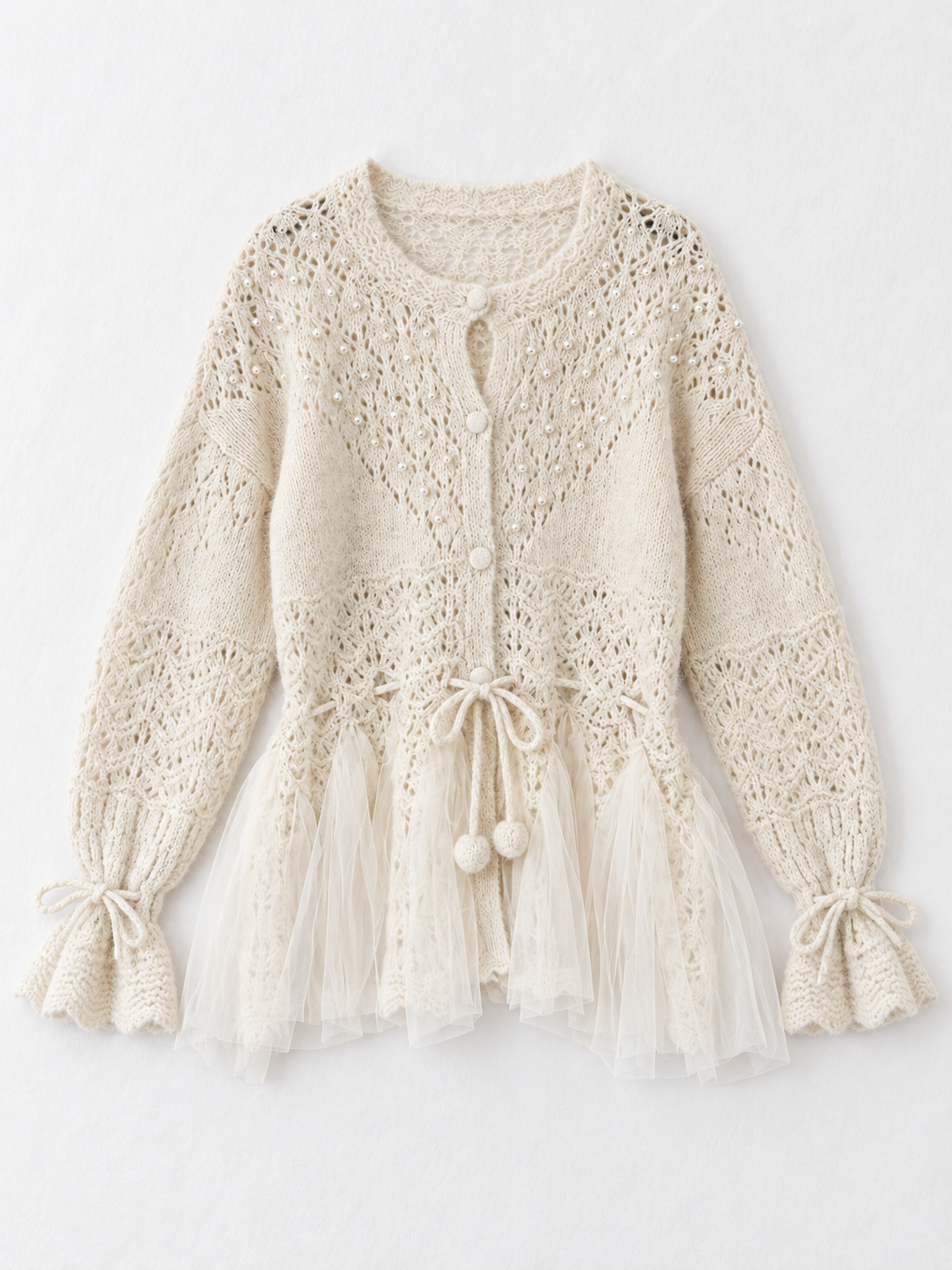 Beaded Mesh-Hem Knit Cardigan