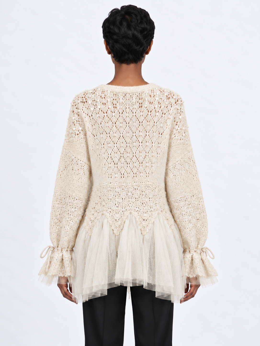 Beaded Mesh-Hem Knit Cardigan