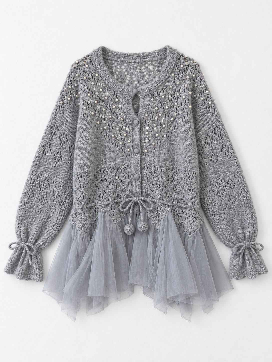 Beaded Mesh-Hem Knit Cardigan