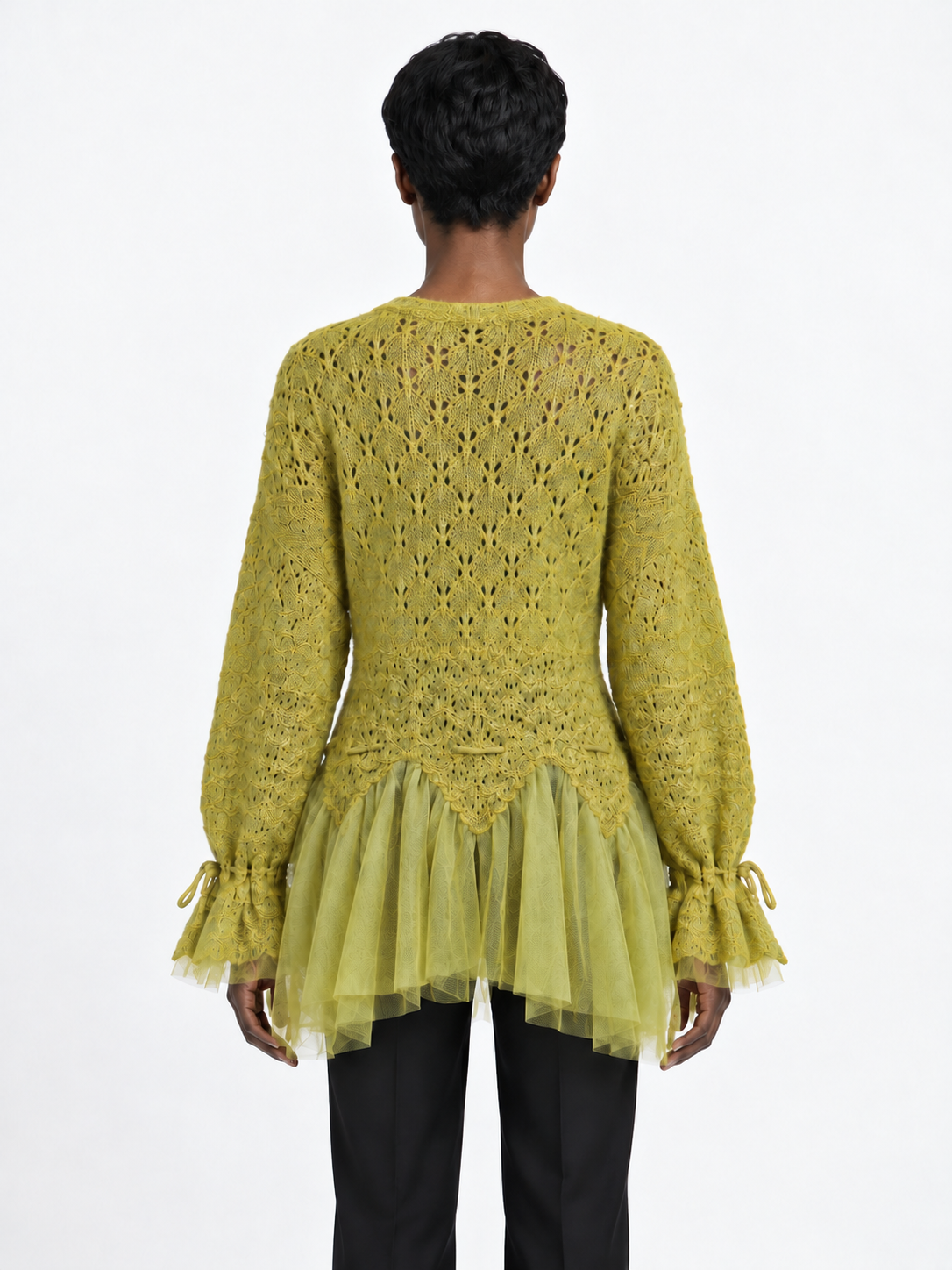 Beaded Mesh-Hem Knit Cardigan