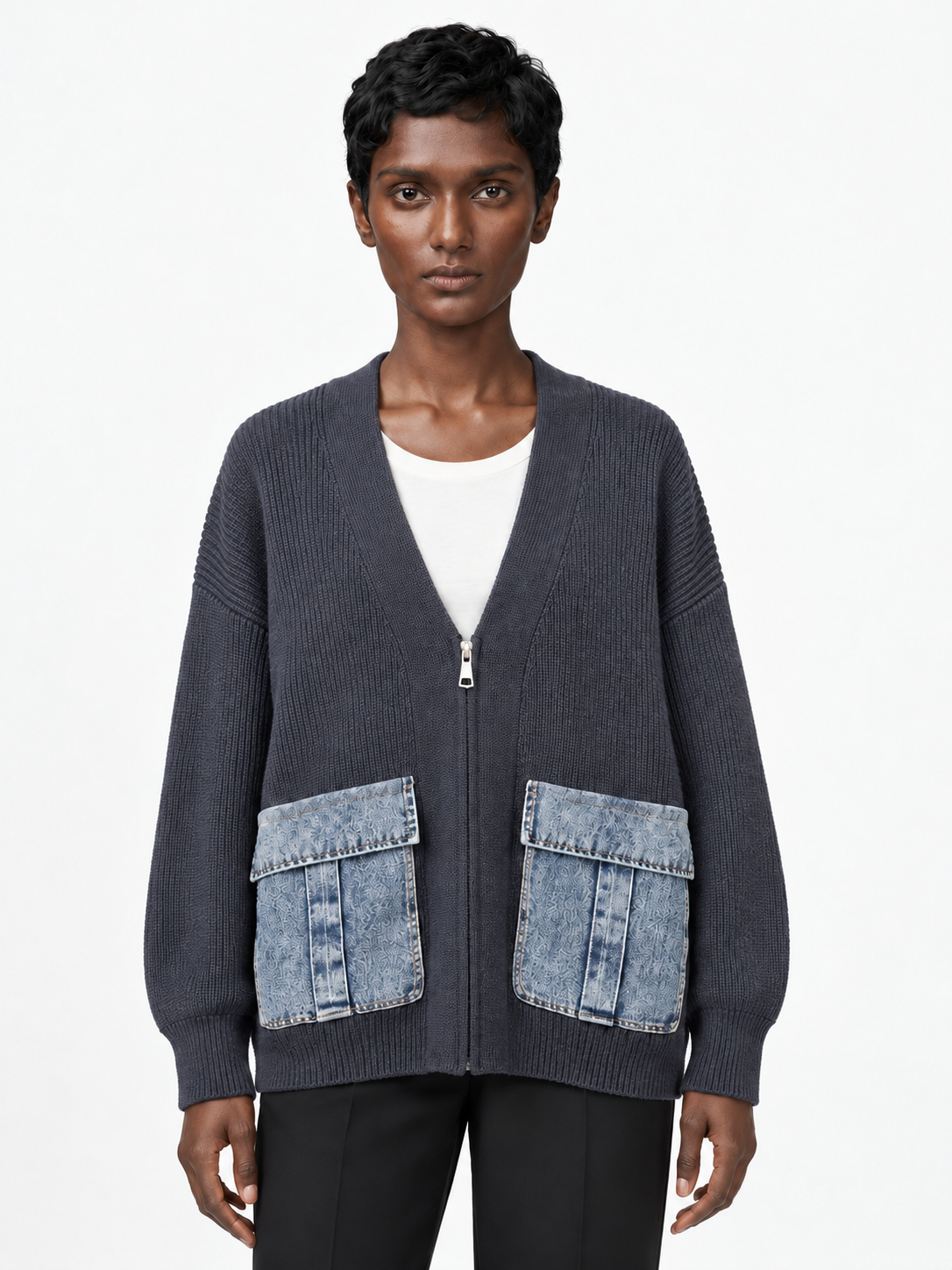 Denim-Pocket V-Neck Zip Cardigan