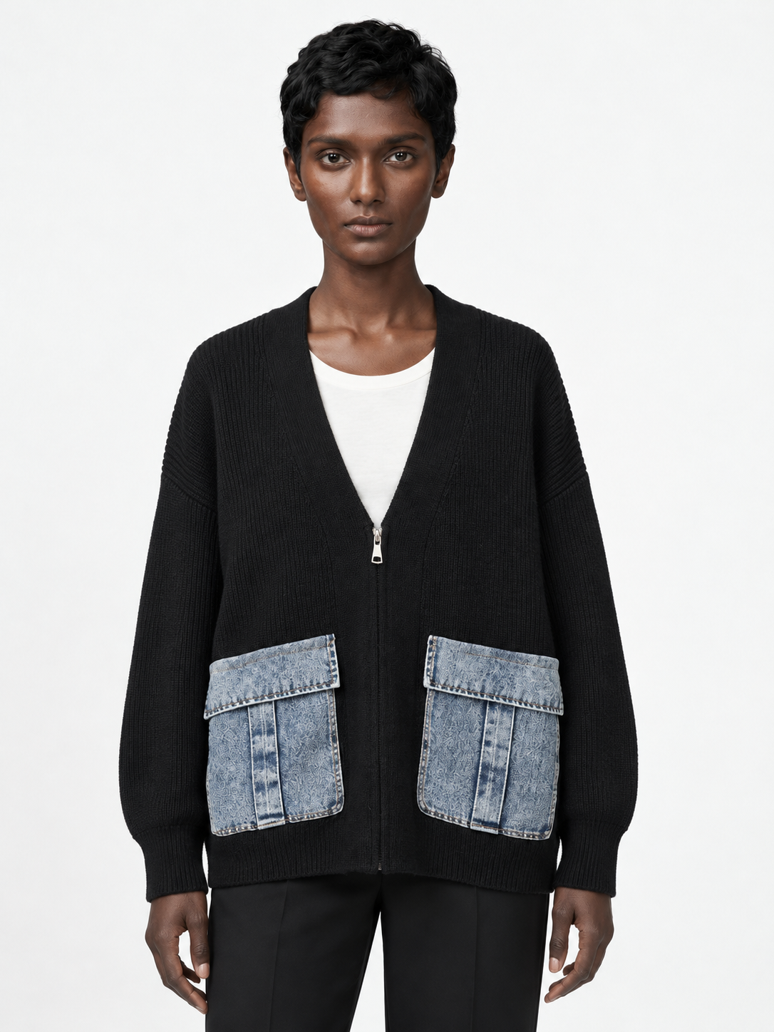 Denim-Pocket V-Neck Zip Cardigan