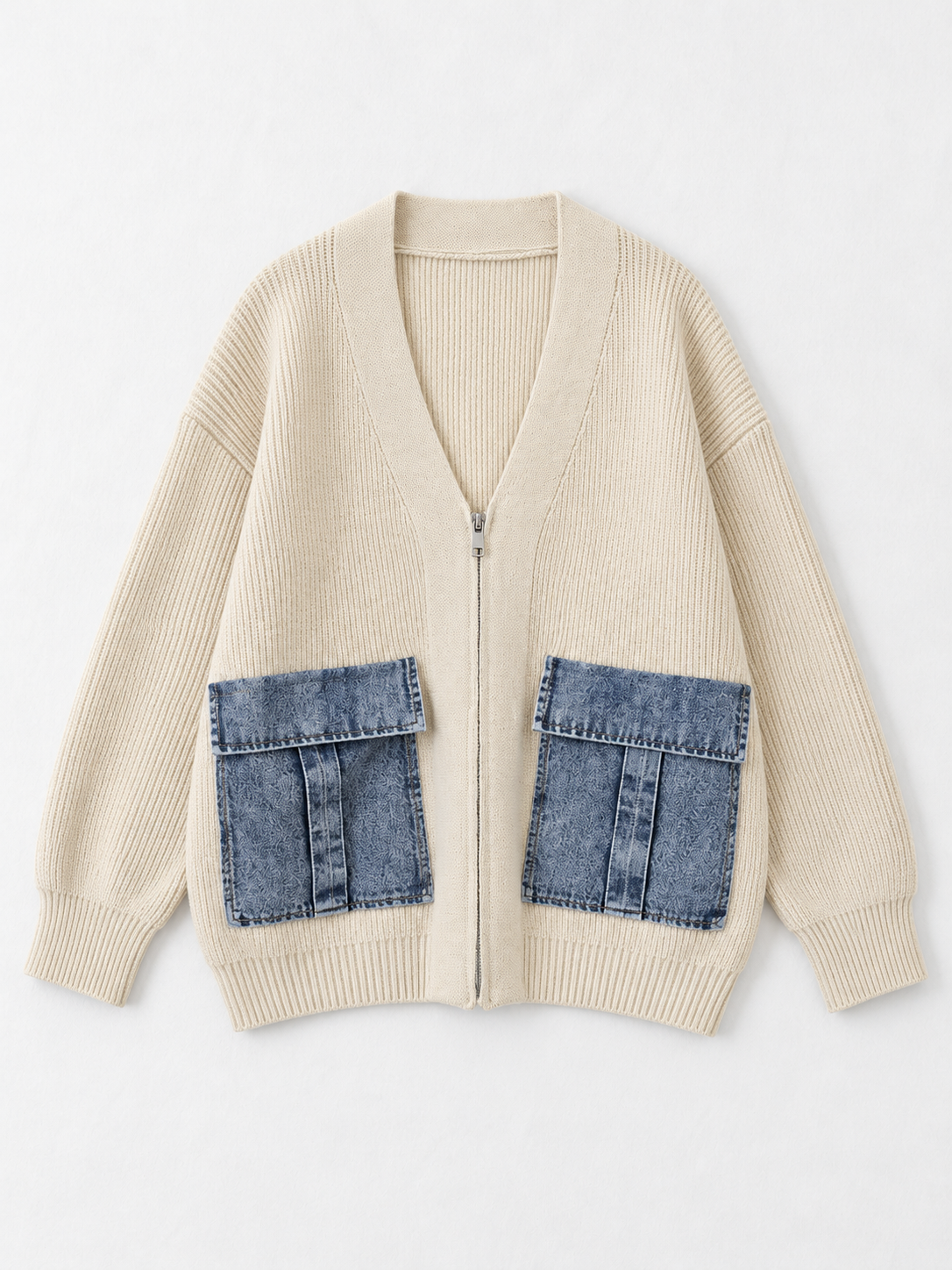 Denim-Pocket V-Neck Zip Cardigan