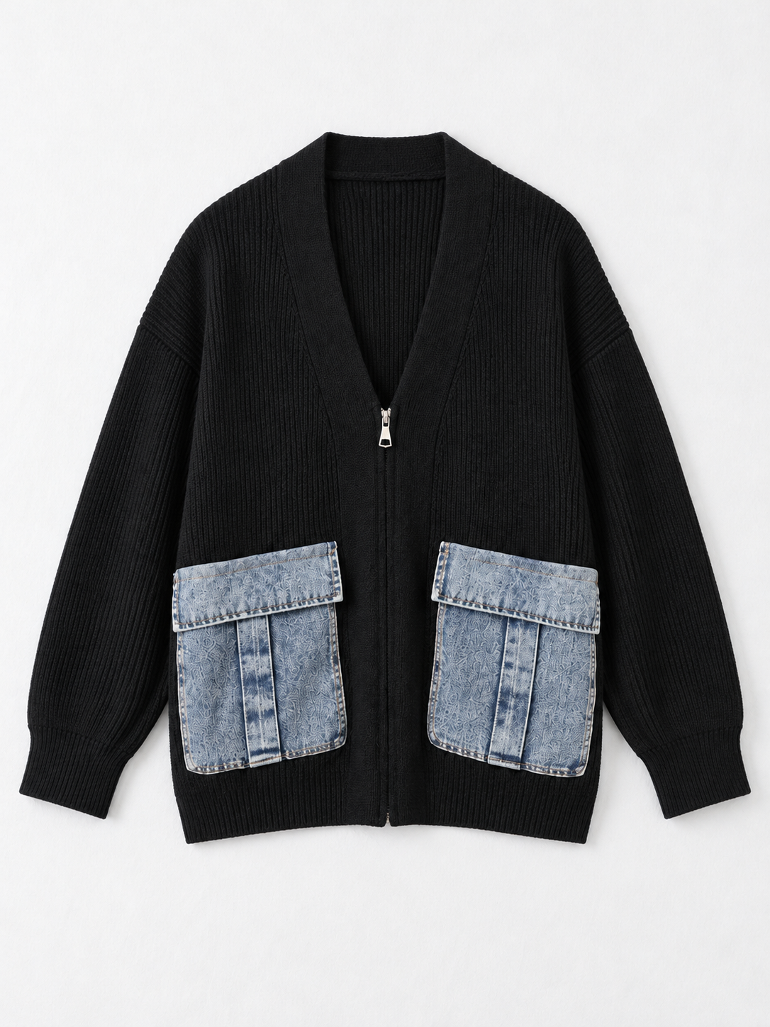 Denim-Pocket V-Neck Zip Cardigan