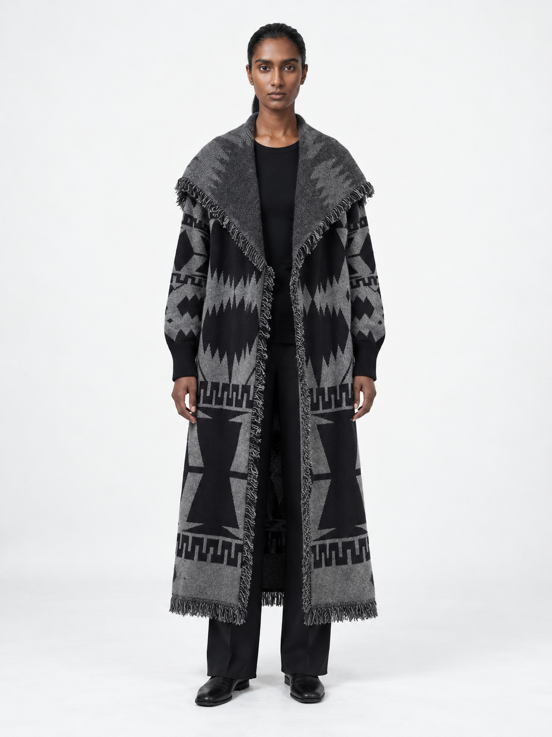 Geometric Fringed Long Cardigan