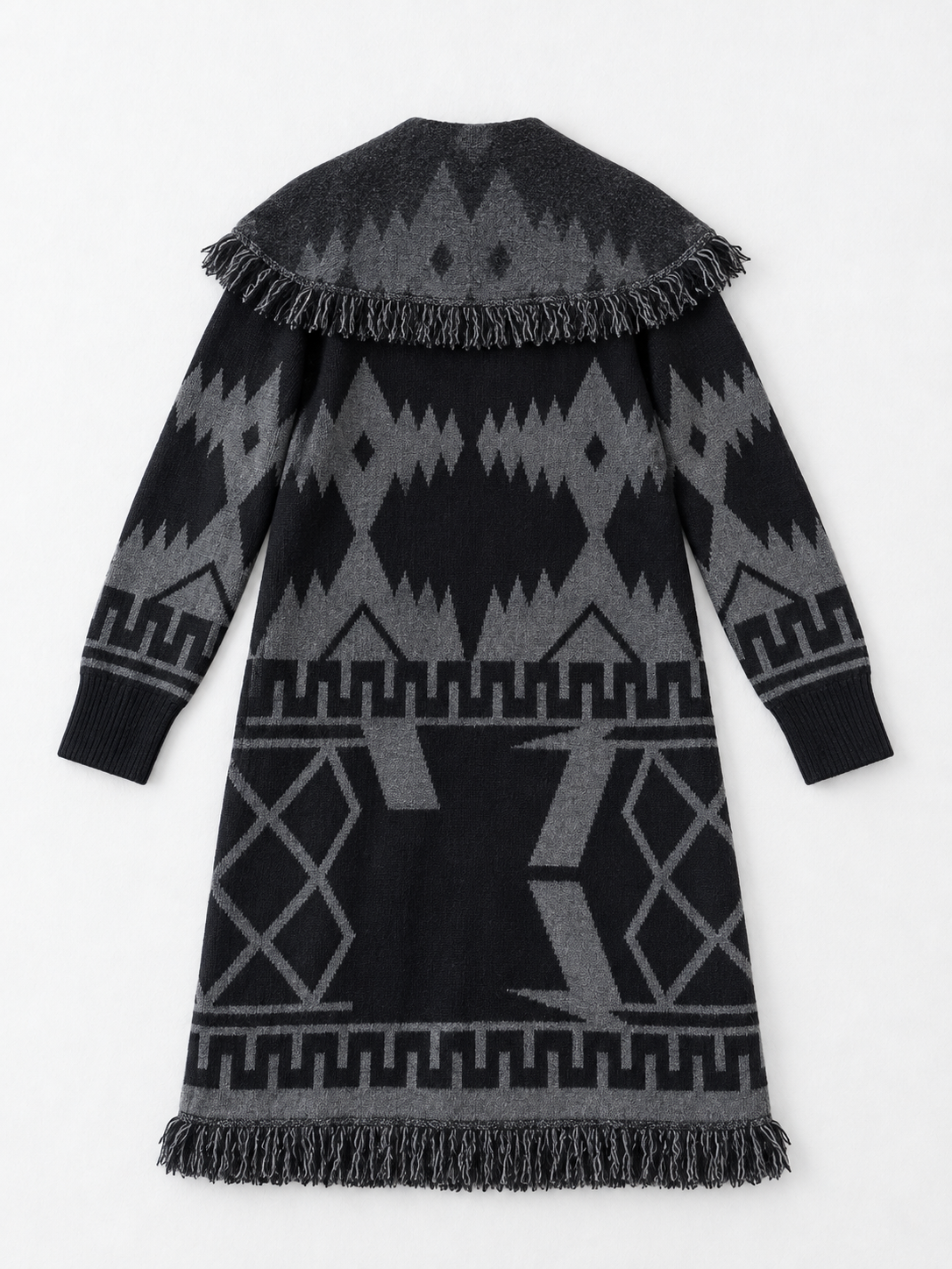 Geometric Fringed Long Cardigan