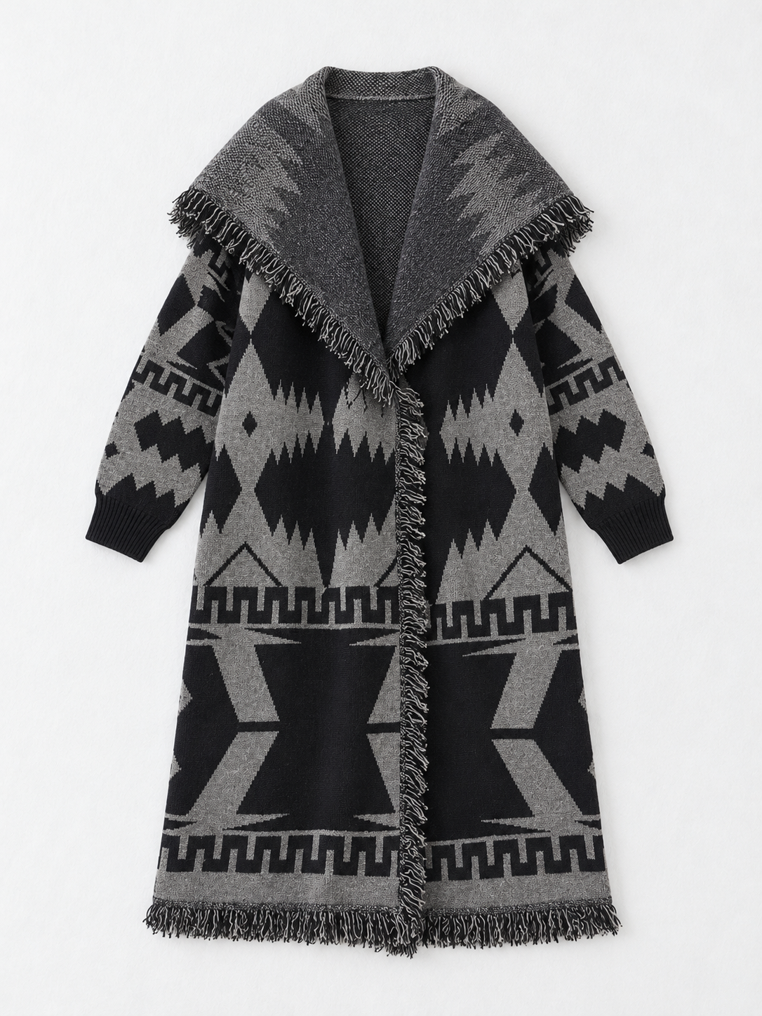 Geometric Fringed Long Cardigan