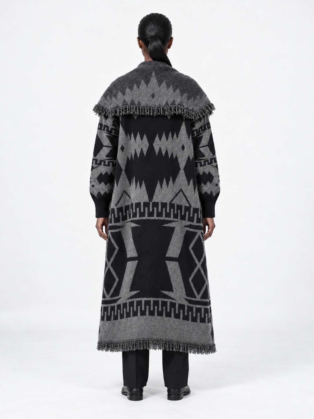 Geometric Fringed Long Cardigan