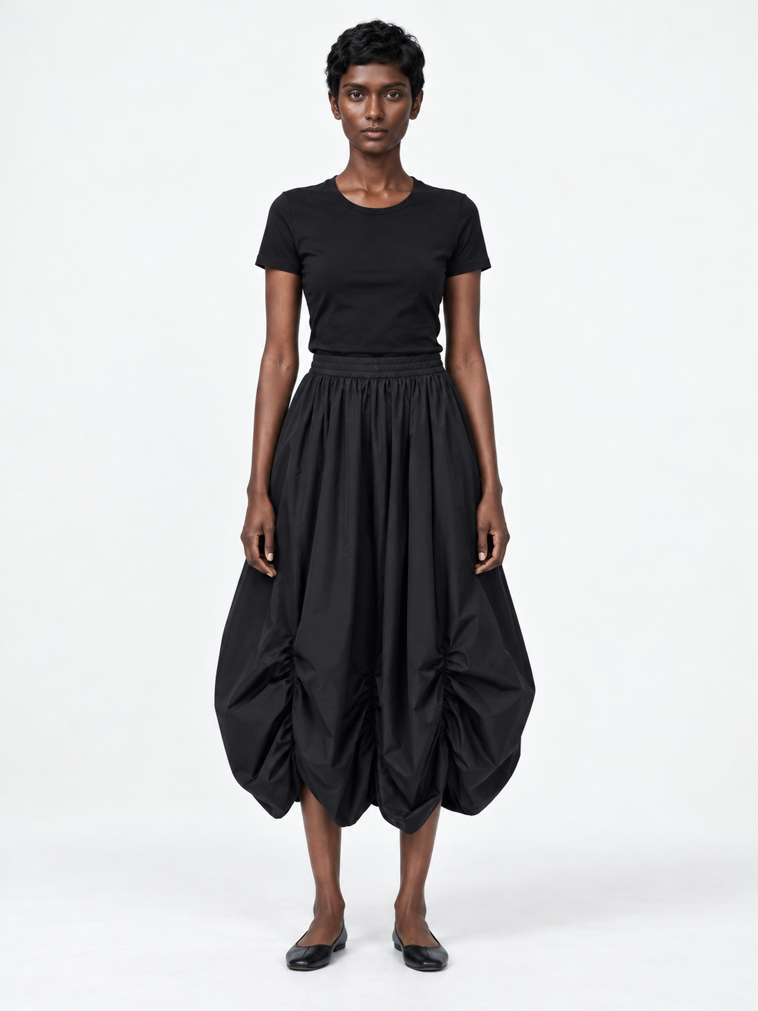 Ruched Balloon Midi Skirt