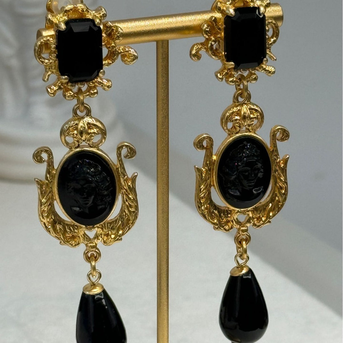 Vintage Black Agate Prince Head Dangle Earrings