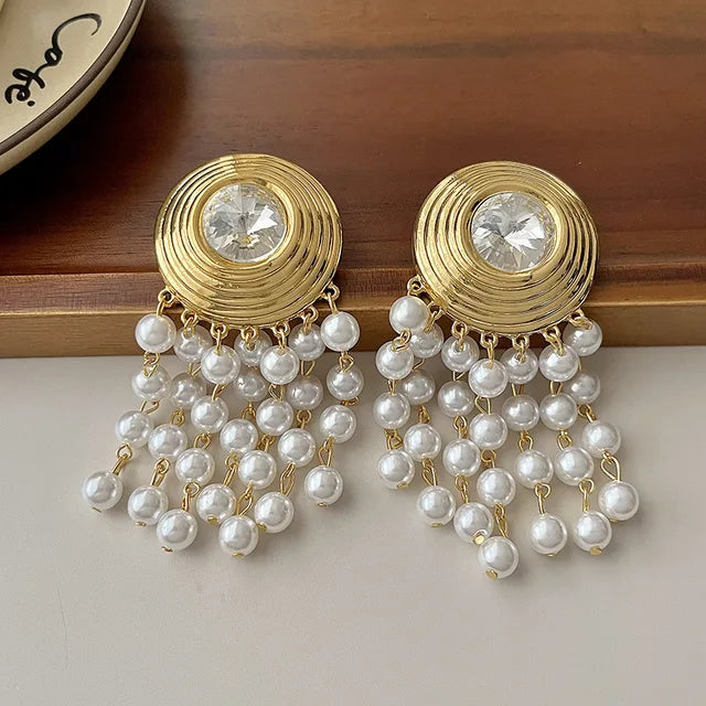 Exaggerated Circular Diamond Multi-Layer Pearl Tassel Earrings