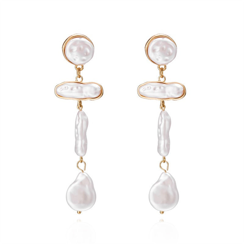 Retro Irregular Oval Pearl Tassel Earrings