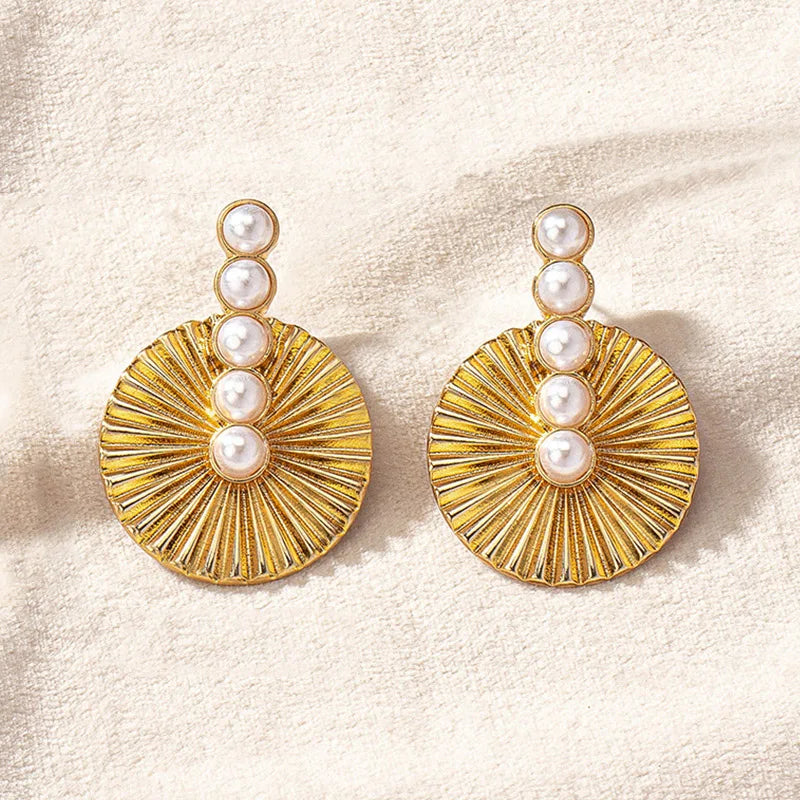 Pearl Round Fan Shaped Stainless Steel Earrings