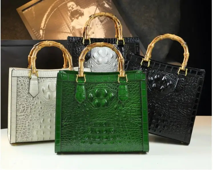 Bamboo Handle Faux Crocodile Bag